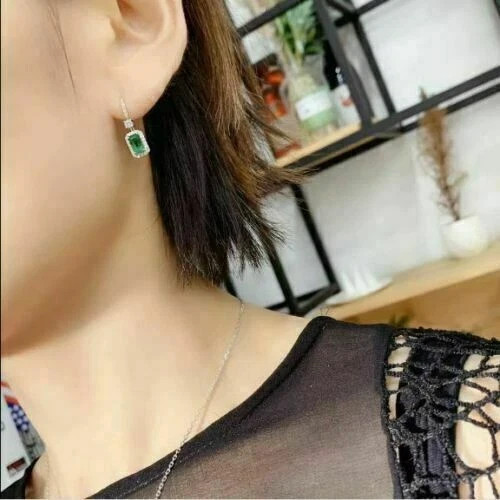 3Ct Emerald Lab-Created Emerald Drop/Dangle Earrings 14K White Gold Plated