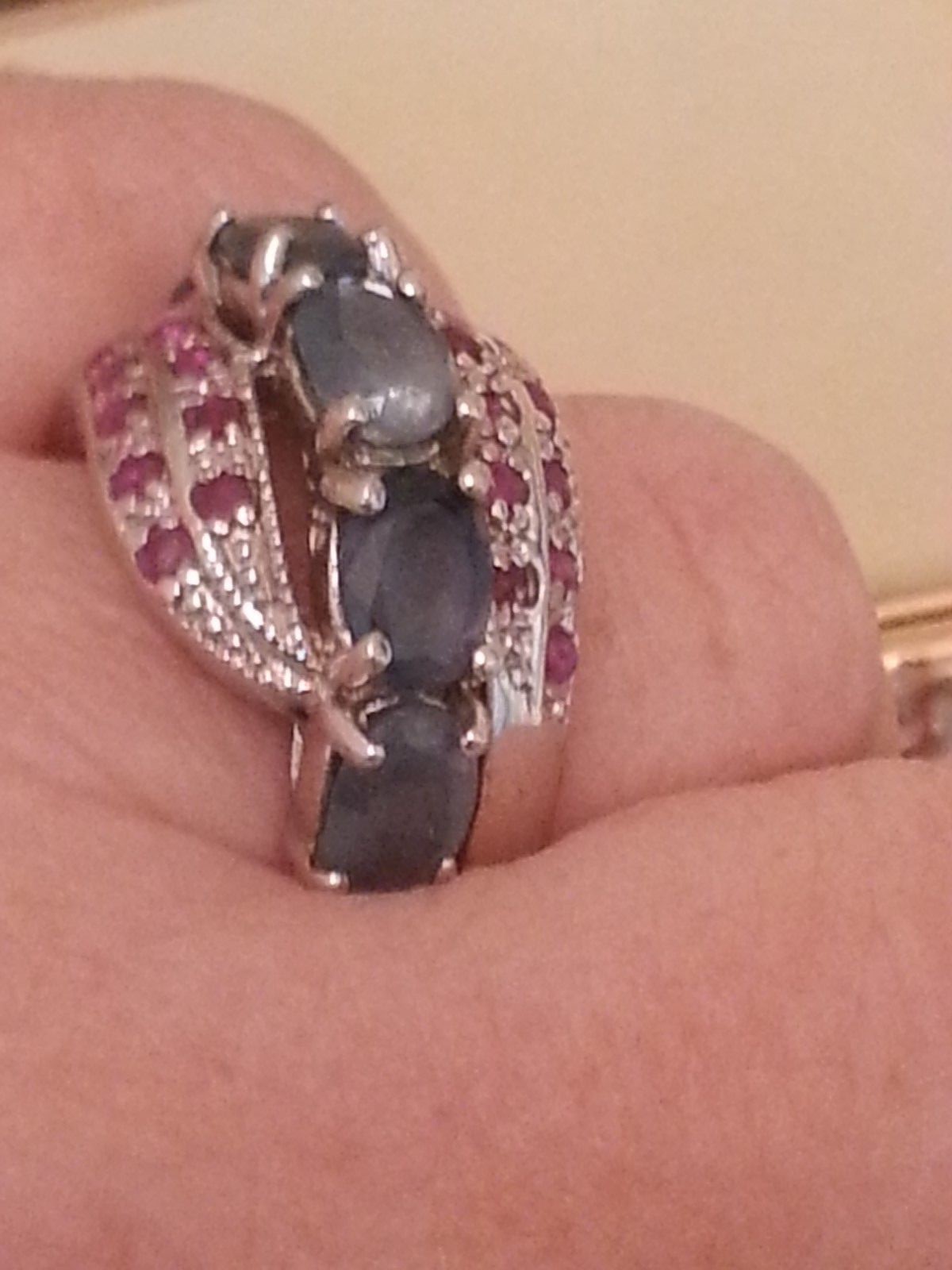Sapphire & Ruby “Cross Over” Band / Cluster Style Silver Ring. Size T.