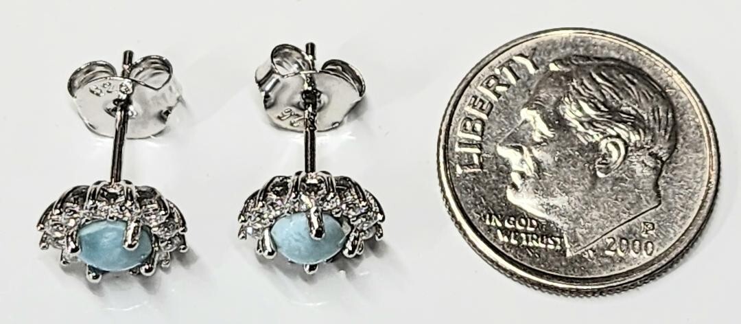 Larimar 5 mm Stud Post Blue Earrings White Sapphire Stones 925 Sterling Silver
