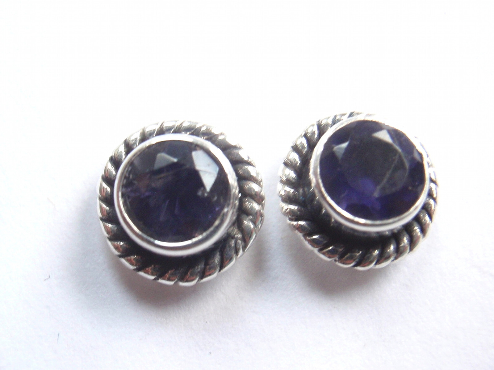 Faceted Iolite 925 Sterling Silver Stud Earrings w/ Rope Style Accents Small