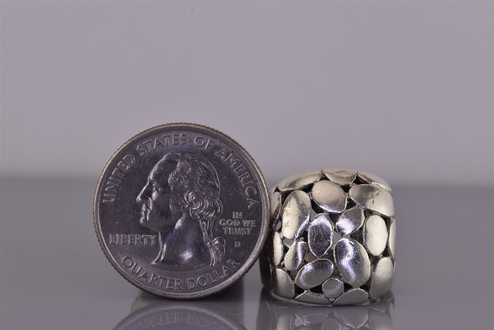 Sterling Silver 19mm Curved Random Oval Pebble Openwork Band Ring 925 Sz: 5