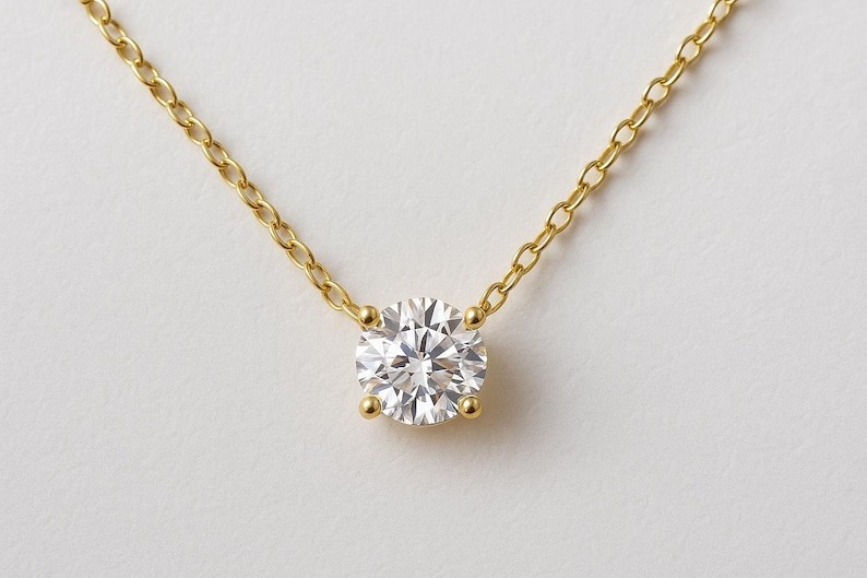 Water Resistant Dainty Necklace Solid Gold Floating Solitaire Minimalist Jewelry