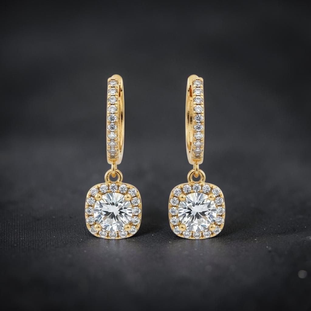 1ct Moissanite Cushion Halo Drop Earrings in Yellow Gold Plated Sterling Silver
