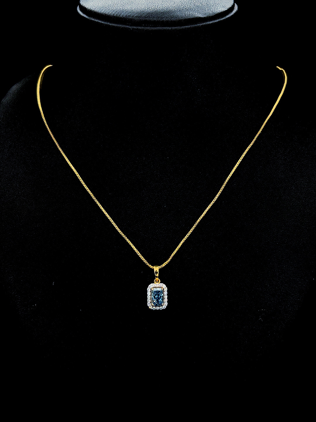 9K Yellow Gold Emerald Cut Blue Lab Created Diamond Halo Pendant Necklace