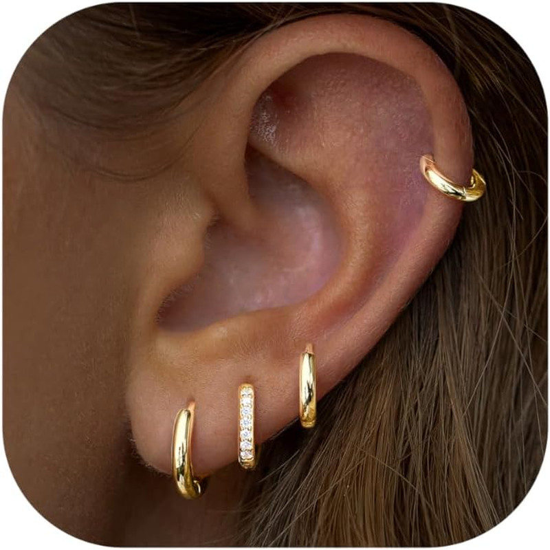 Small Gold Huggie Hoop Earrings Set for Women Men – Hypoallergenic 14K Gold Plat