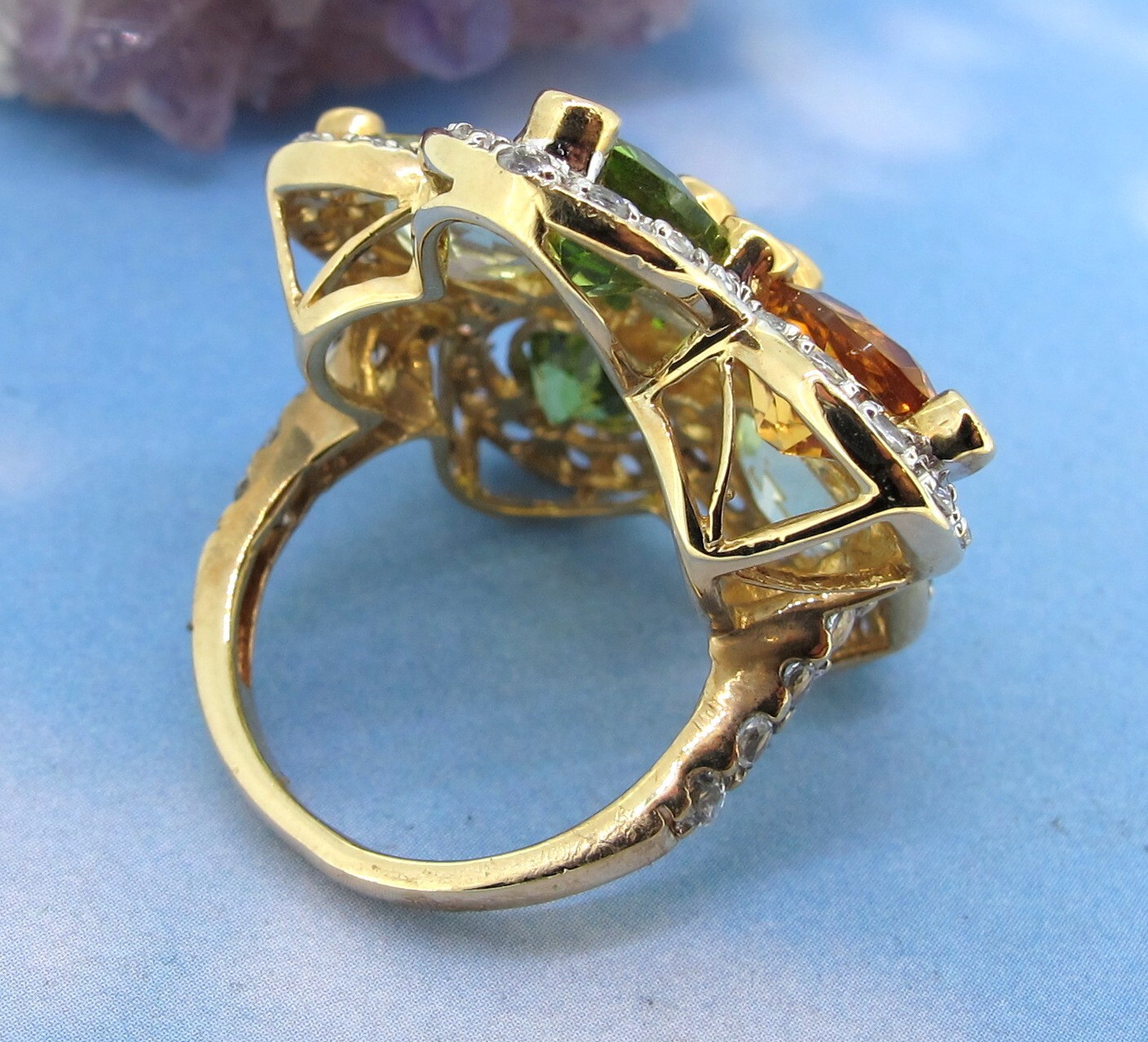 Solid 10k Yellow Gold Multi-Colored Gem Stones Flower Shape Women Ring Size 5