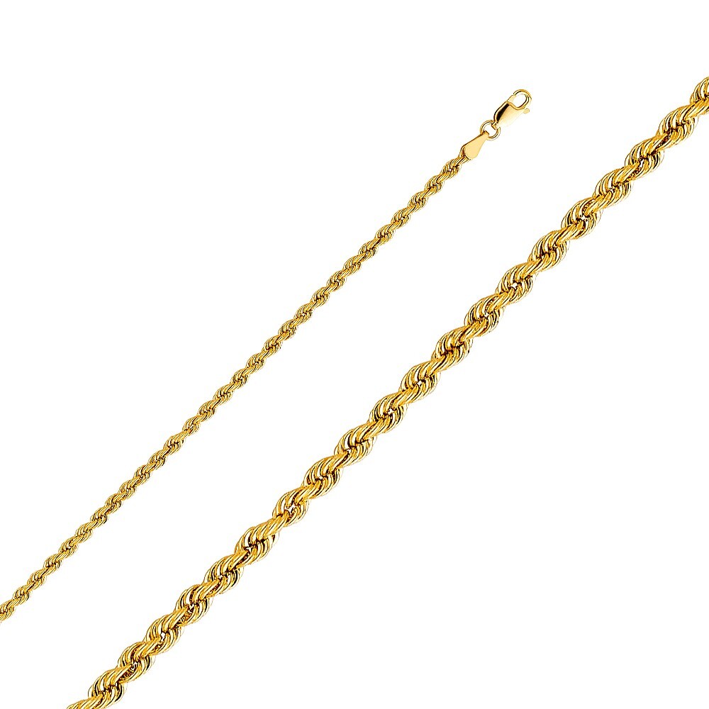 Genuine 14k Yellow Gold 3mm Regular Hollow Rope Chain Necklace 18″ 20″ 22″ 24″