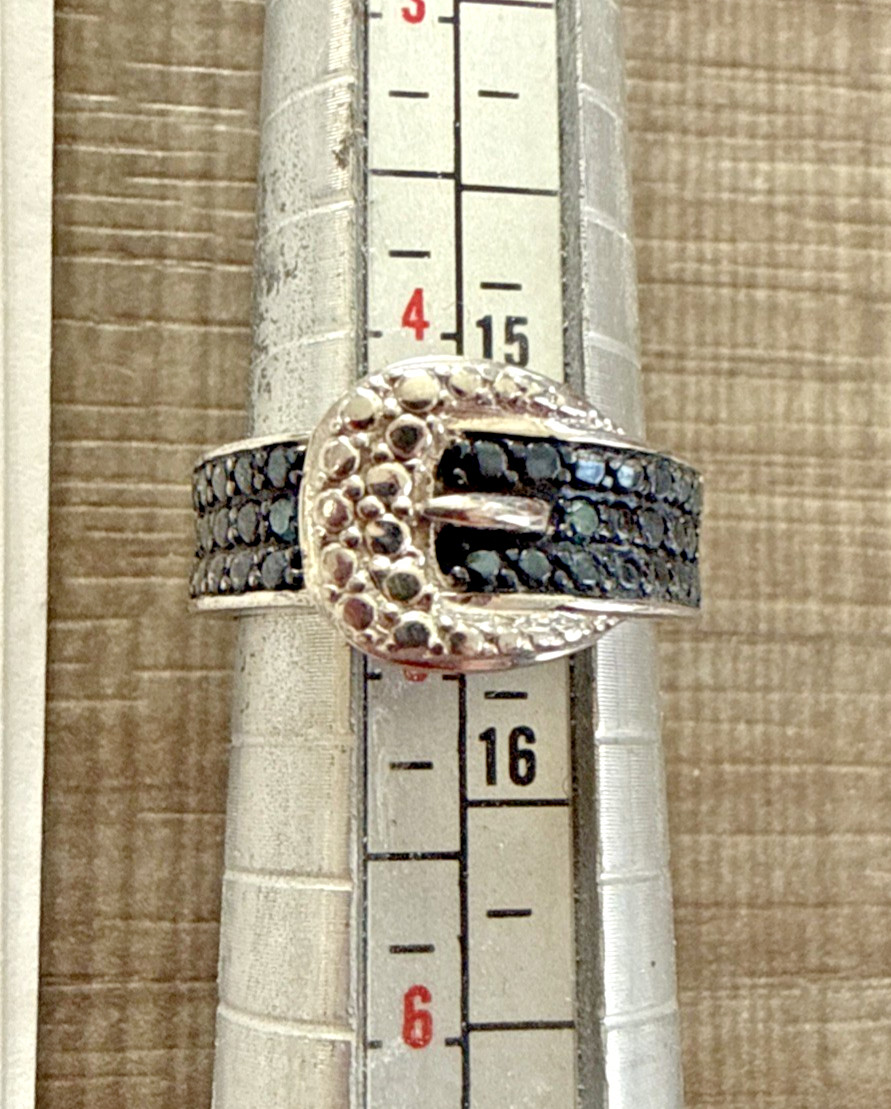 Blue/White Diamond Buckle Ring Rhodium Plated over Sterling Silver Size 4.75 JTV