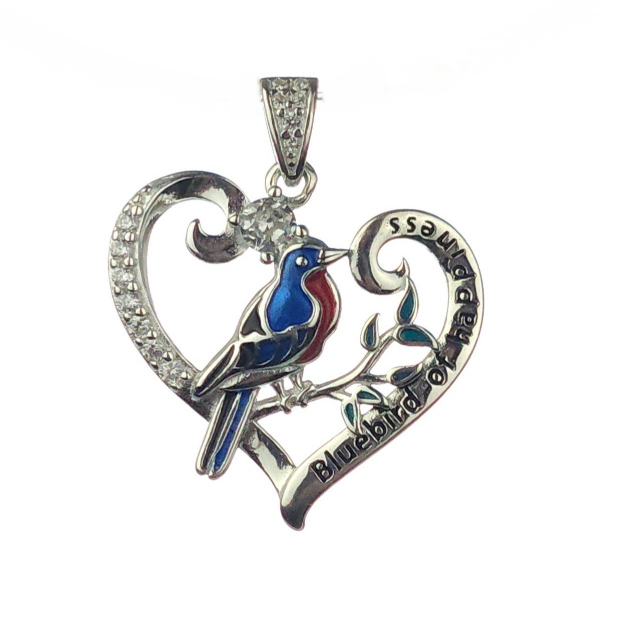 Solid 925 Sterling Silver Sparkly Bluebird Of Happiness Multicolor Heart Pendant
