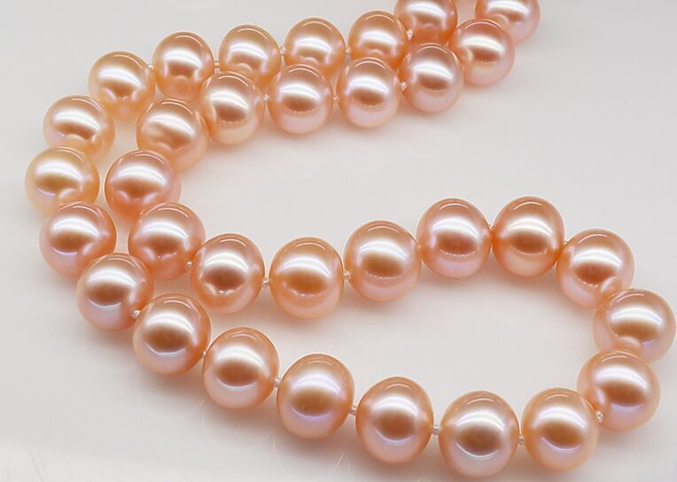 Suberb 18″10-11mm south sea Genuine Gold pink round nuclear pearl necklace 14k