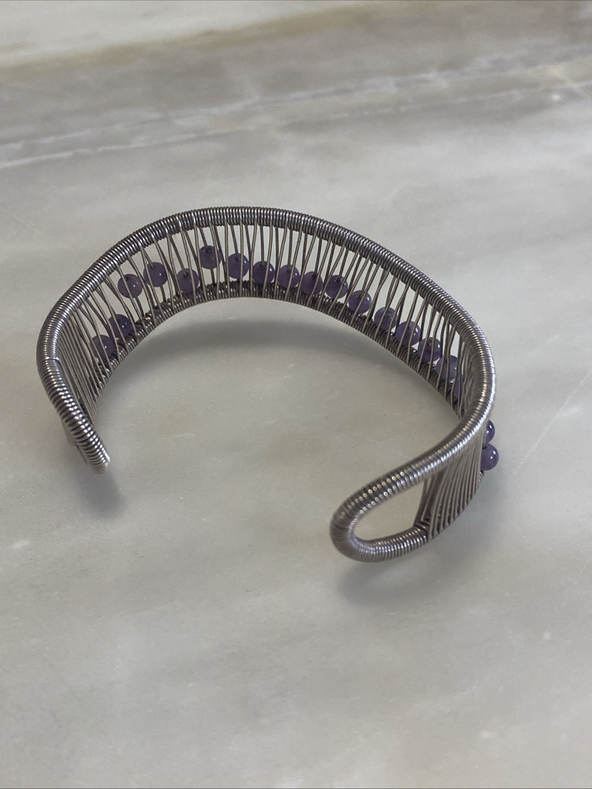 Acton Asymmetrical Sterling Silver Cuff Bracelet Wire wrap Movable purple Beads