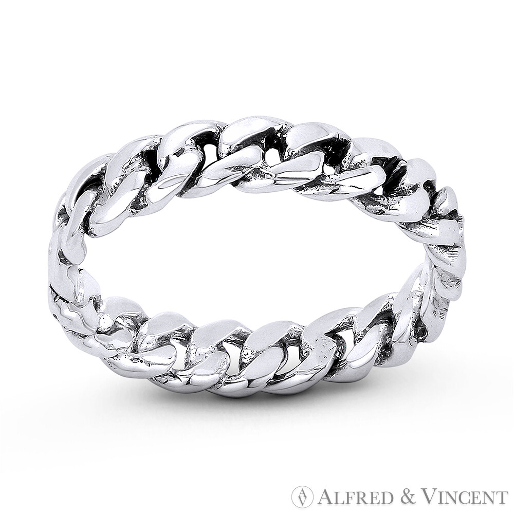 3.5mm Cuban Curb Link Chain Right Hand Ring .925 Sterling Silver Stackable Band