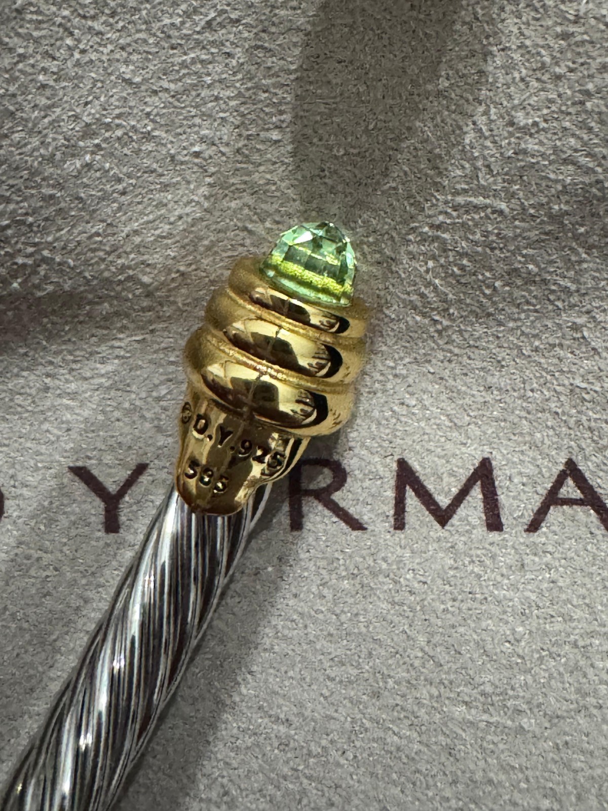 David Yurman 925 Sterling Silver Cable Cuff Bracelet w/ Green Peridot