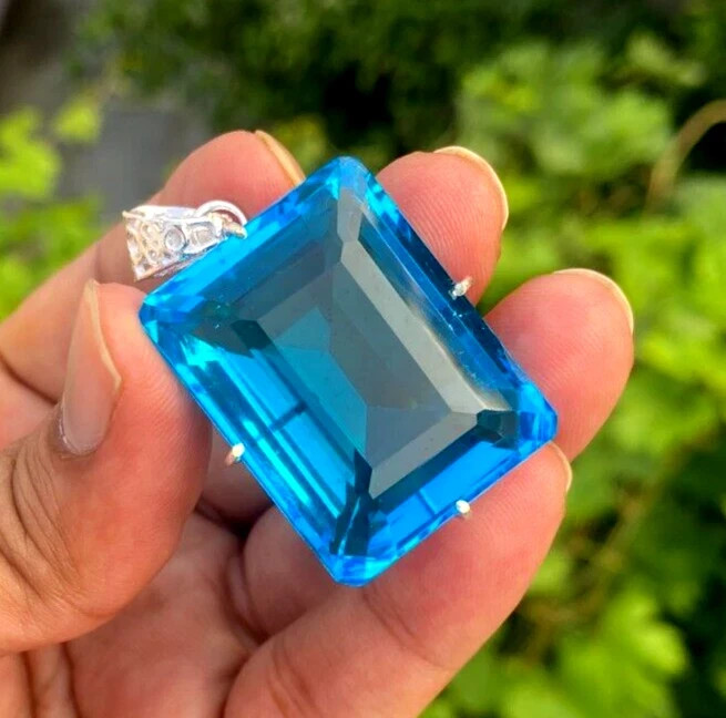 100 Ct+ Certified Natural Blue Emerald Topaz 925 Solid Silver Pendant Gemstone