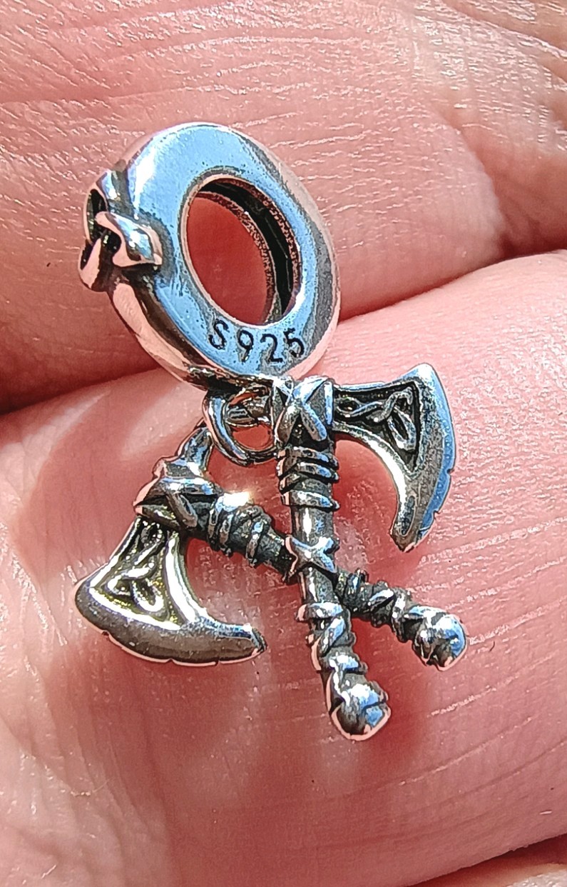 925 Silver Celtic Axe Dangle Charm Norse Viking Knotwork + Velvet Gift Pouch