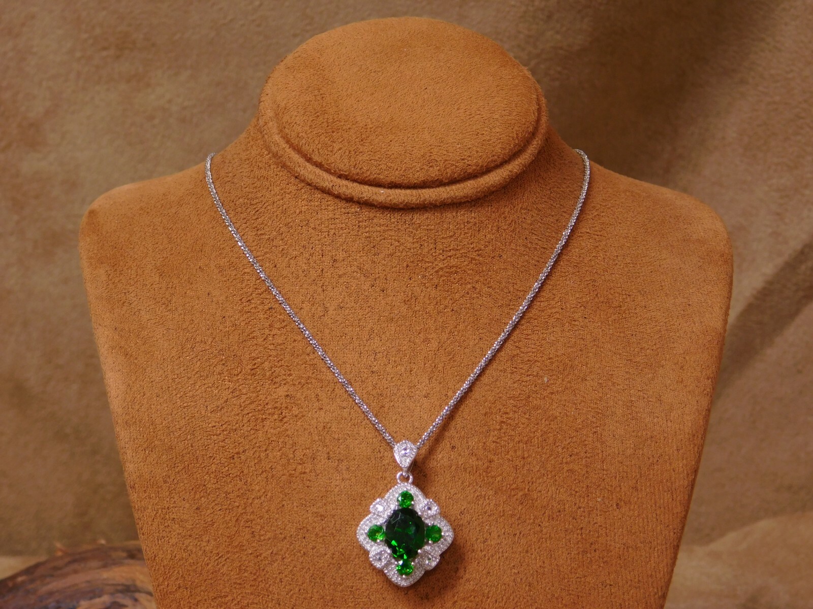 Faceted Green Stone Necklace with Clear Stone Accents