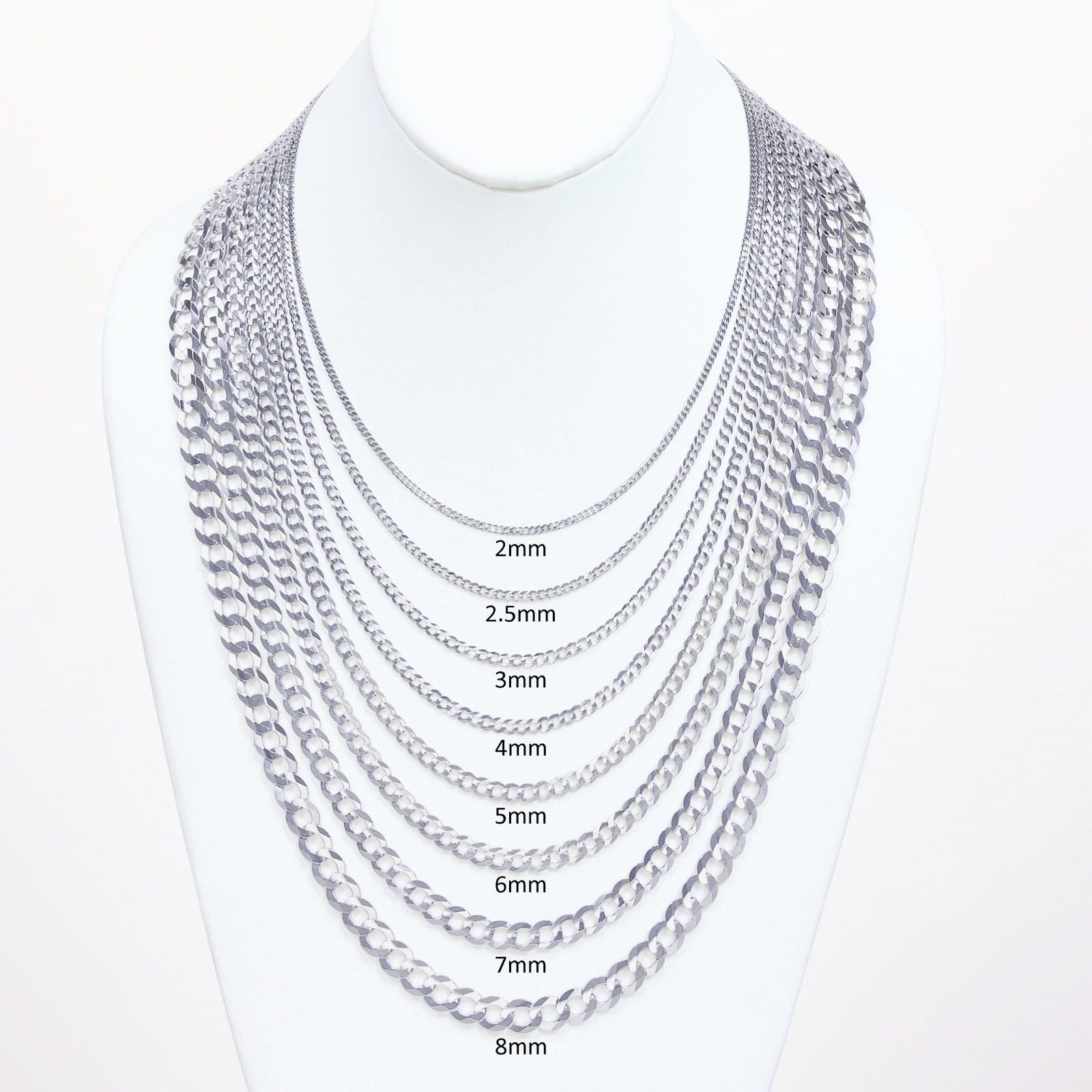 14K White Gold Solid 2mm-8.5mm Cuban Curb Link Chain Pendant Necklace 16″- 30″
