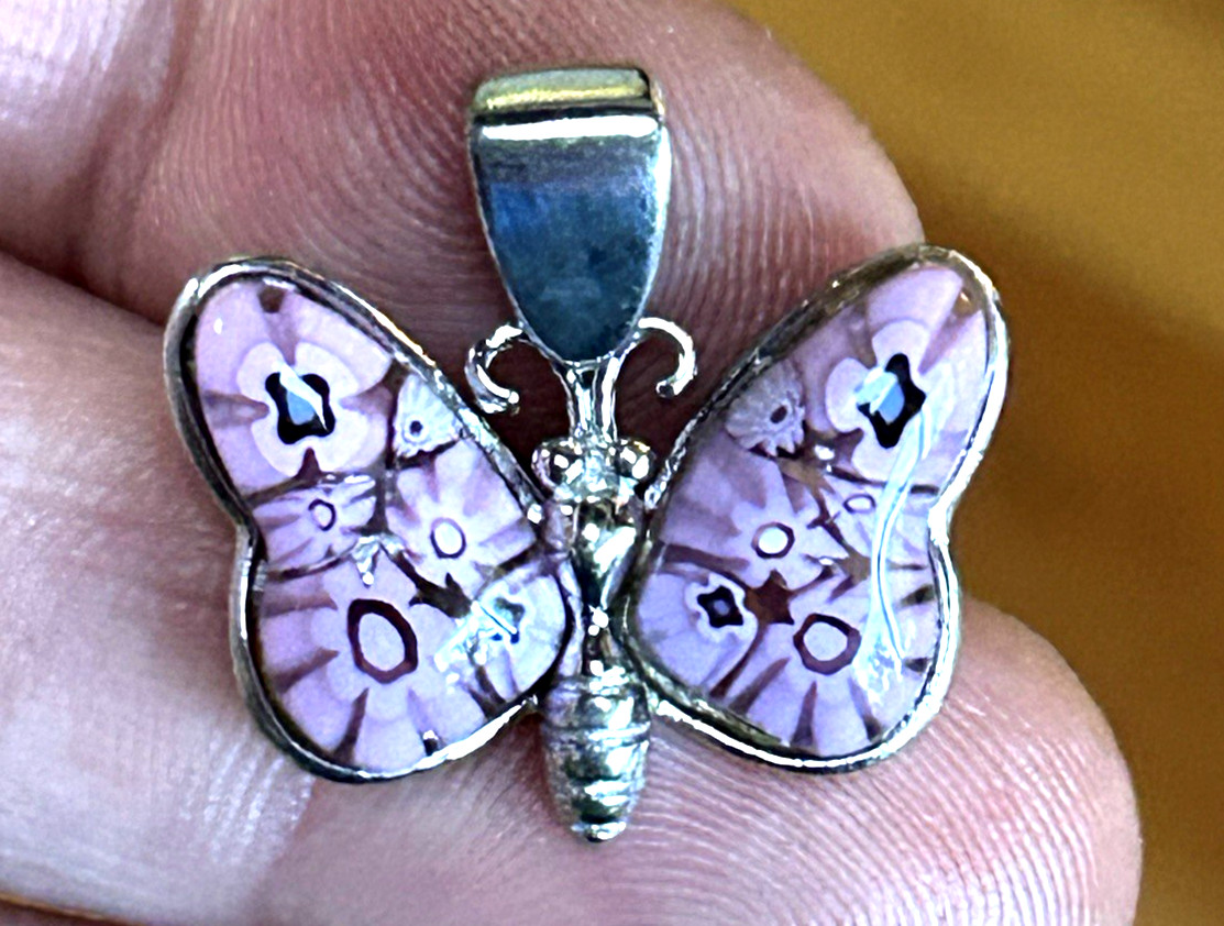 Alan K Pink Purple Murano Glass Sterling Silver Butterfly Pendant
