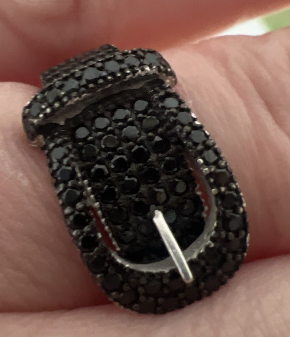 Signed Y Solid 925 Sterling Silver Black Spinel Sparkly Buckle Ring 6.75