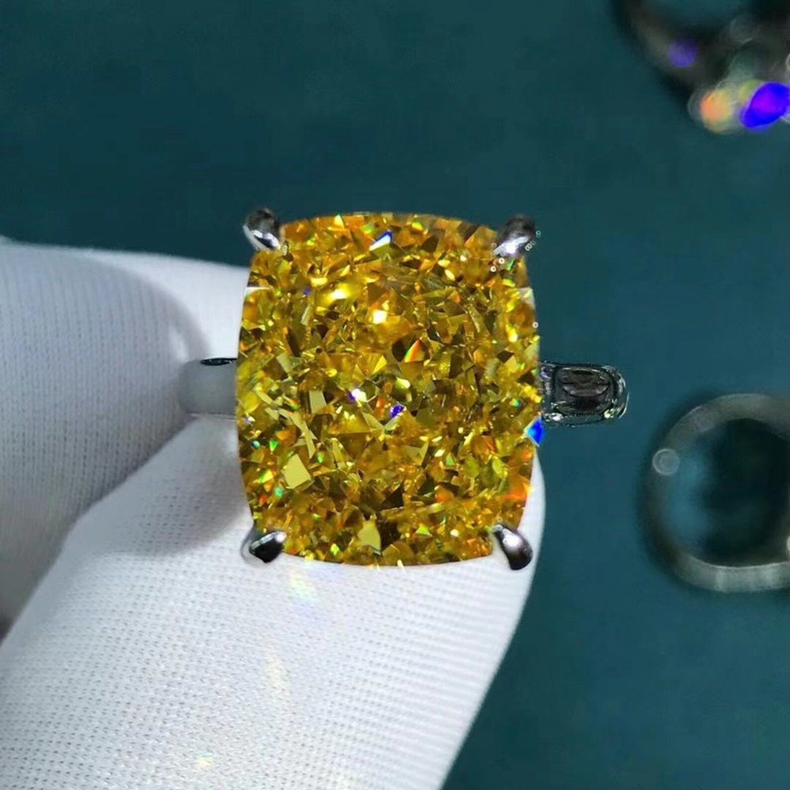 8.00Ct Cushion Cut Yellow Sapphire Diamond Engagement Ring 14K White Gold Size 9
