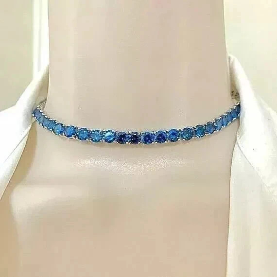 25CT Round Lab Created Blue Topaz Pretty Tennis Necklace 14k White Gold Plated!