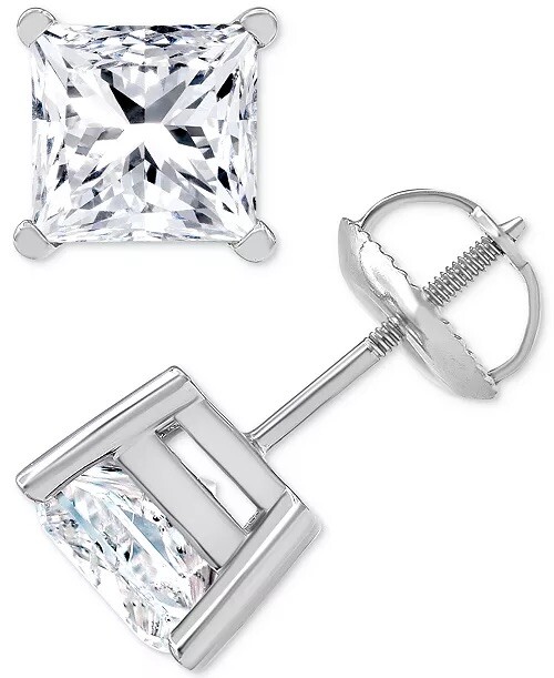 3 Ct Princess Cut VVS1/D GRA Certified Moissanite Stud Earrings 14k White Gold