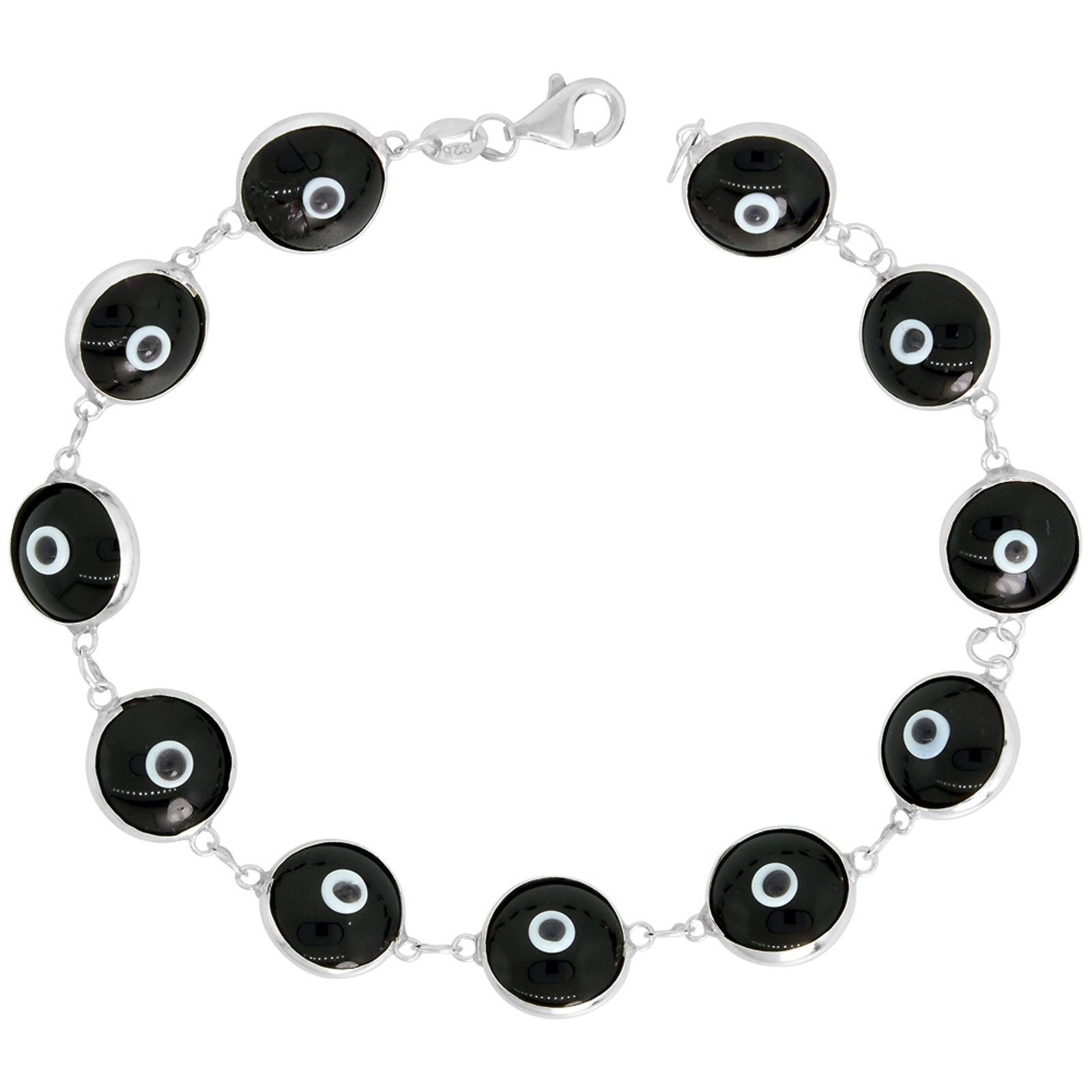 Solid 925 Sterling Silver 10MM Black Crystal Evil Eye Bracelet – 7.5″