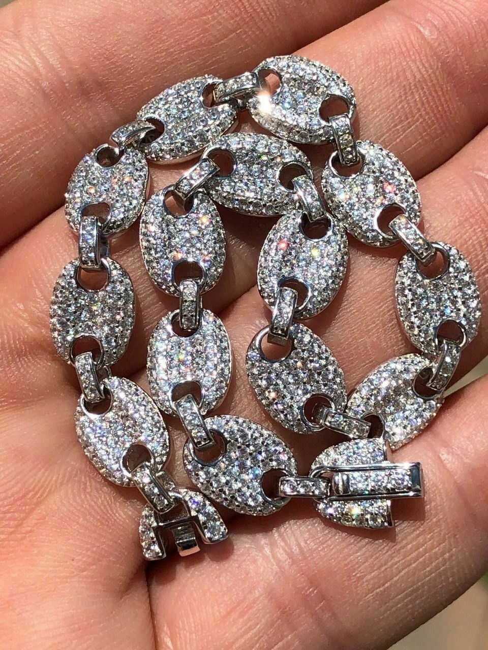 Men’s Women’s 8mm Link Puffed Bracelet Solid 925 Sterling Silver 5ct CZ Hip Hop