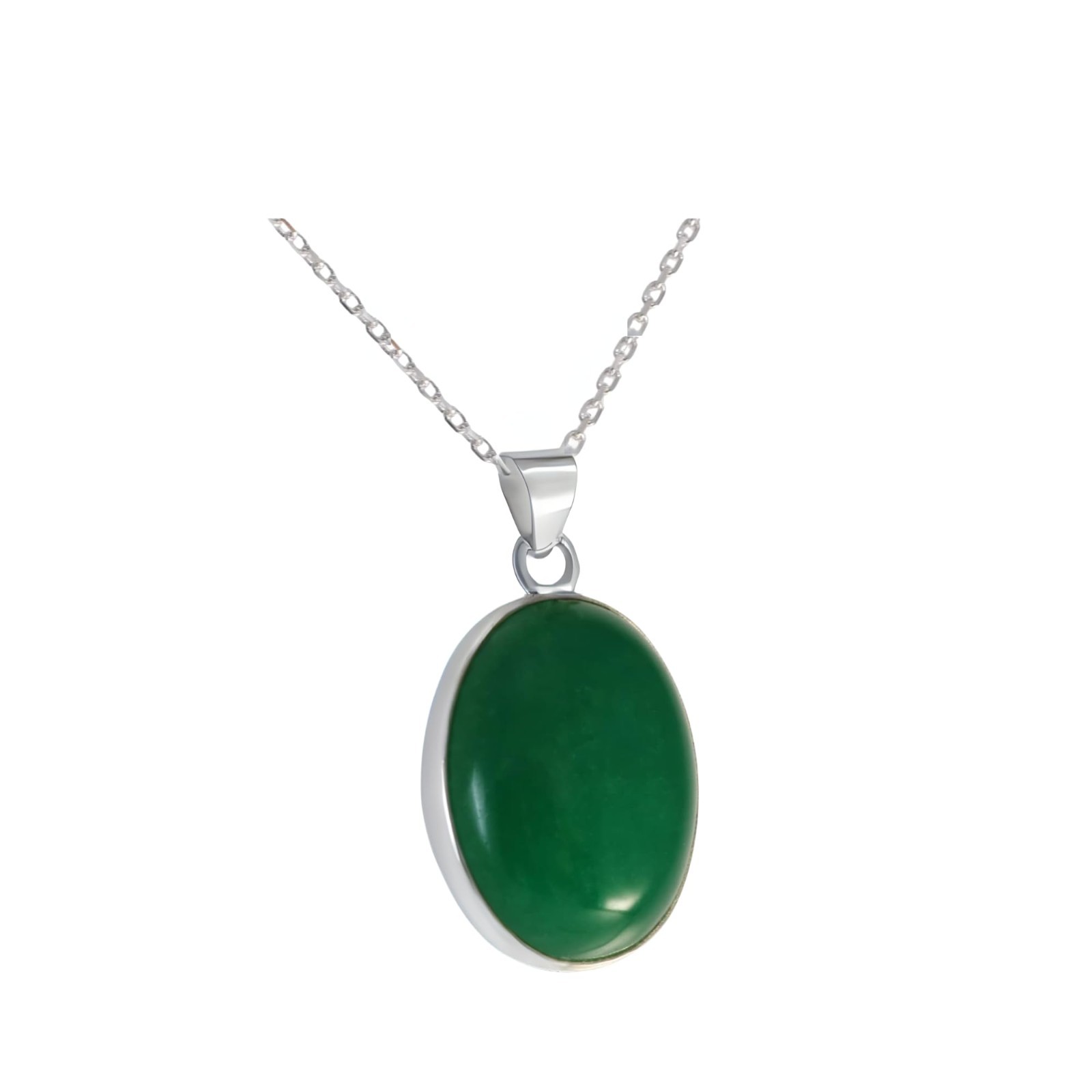 Sterling Silver 925 Oval Created Green Jade 15x20mm Handmade Pendant Necklace