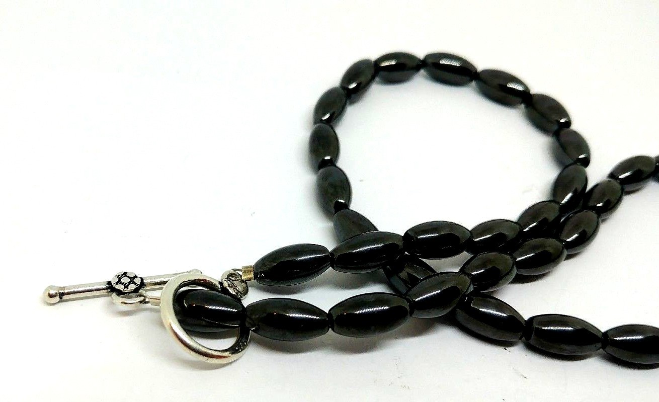 17″ Long Hematite 1 CM OVAL Hand-Knotted Beaded Necklace Strand STERLING SILVER