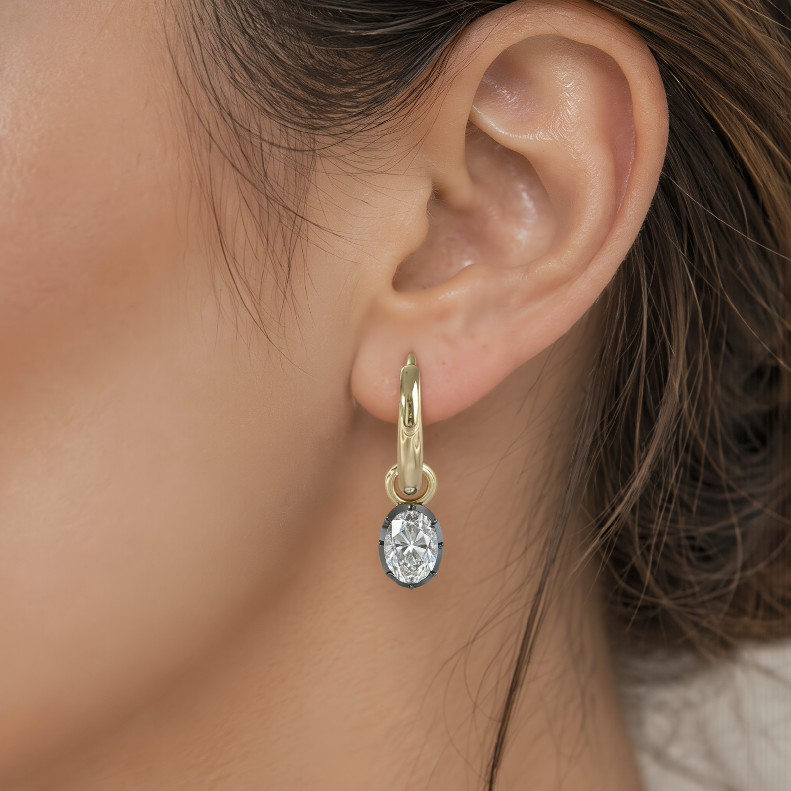1.0TCW Oval Moissanite Drop Hoop Earrings Georgian Style Blackened Gold Plated