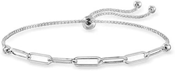 Italian 925 Sterling Silver Adjustable Paperclip Chain Bolo Bracelet For Women