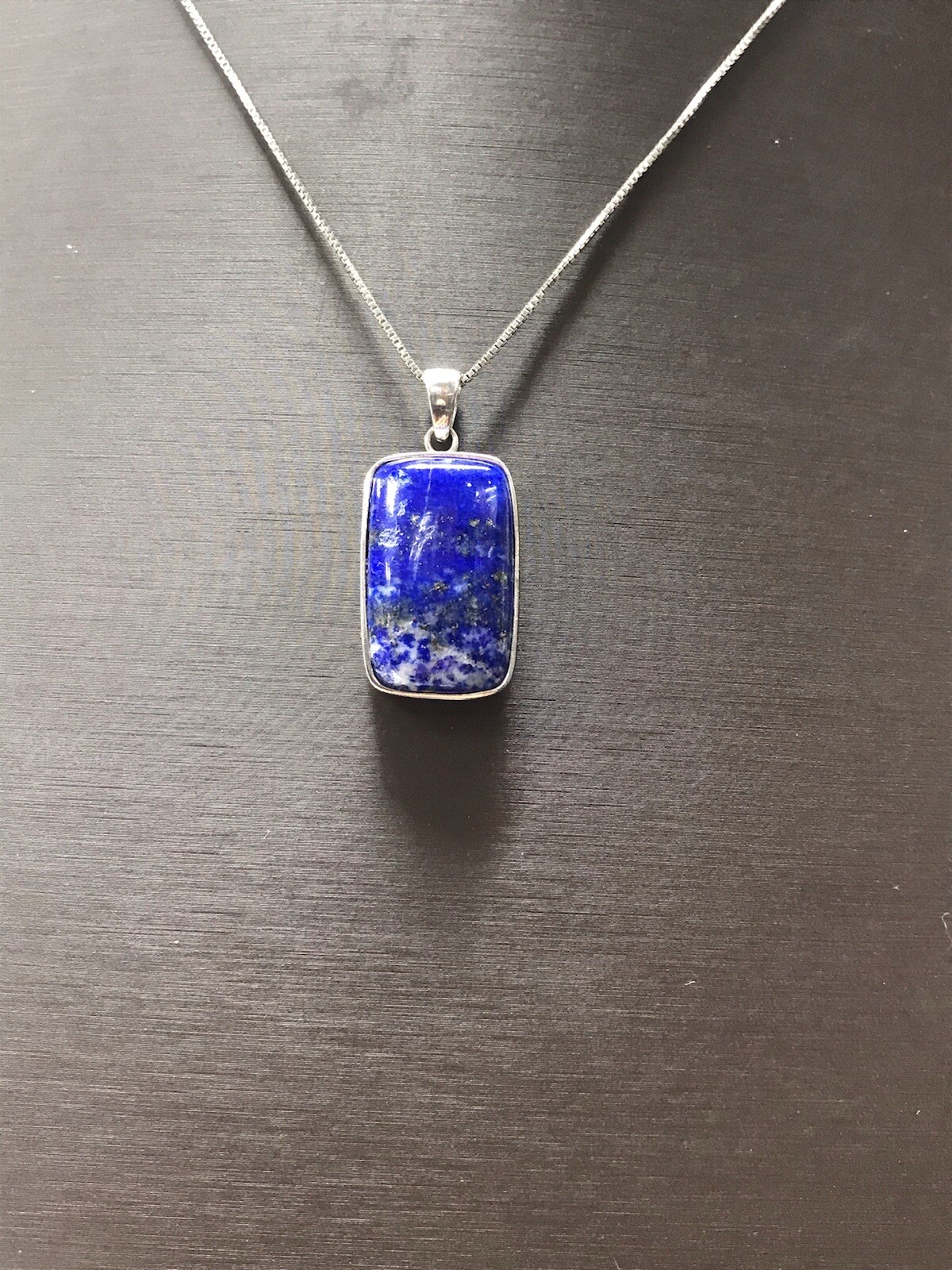 925 Lapis Lazuli Rectangle Pendant W/ 19.5” Box Necklace 10.1 Grams