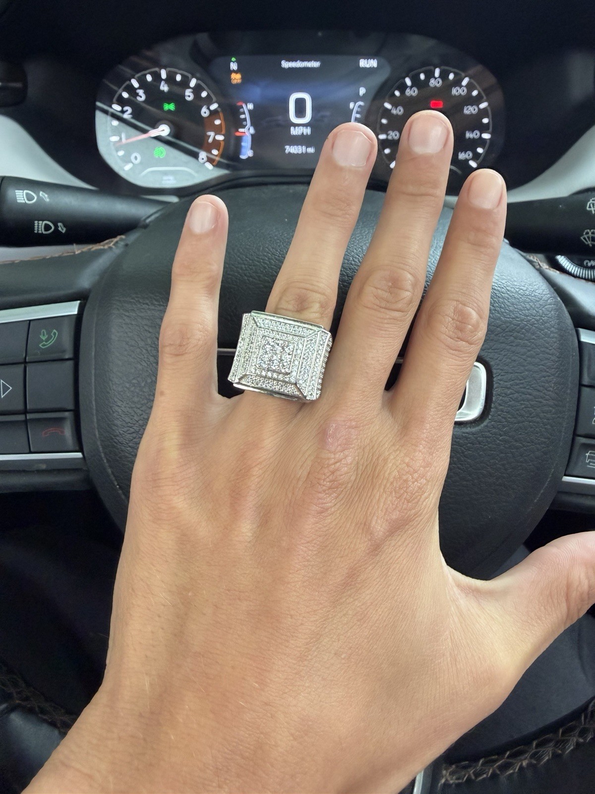 Men’s Silver-Tone Square Pavé Diamond Signet Ring Size 10 White/Colorless