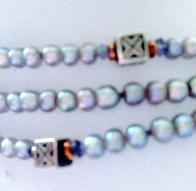 Multi-Strand Necklace Mixed Materials Gray-Blue Pearls, Iolite, Silver & Copper