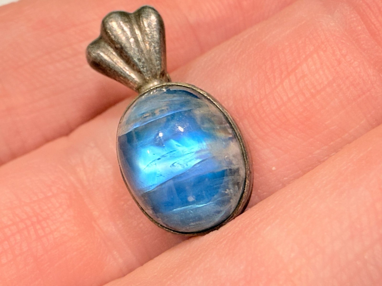 Sterling Silver Blue Moonstone Oval Cabochon Pendant 925 2.9g .75 Inch Length