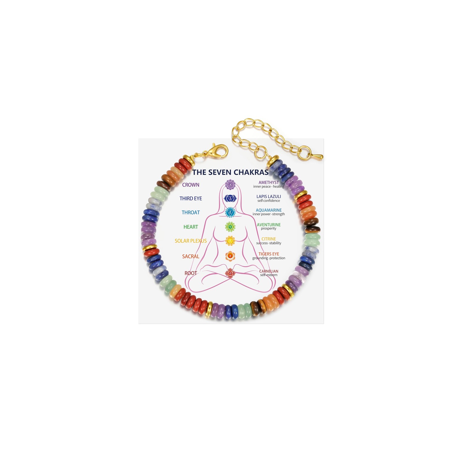 Yavannah Chakra Bracelets for Women, Crystals and Healing 7inches, gold