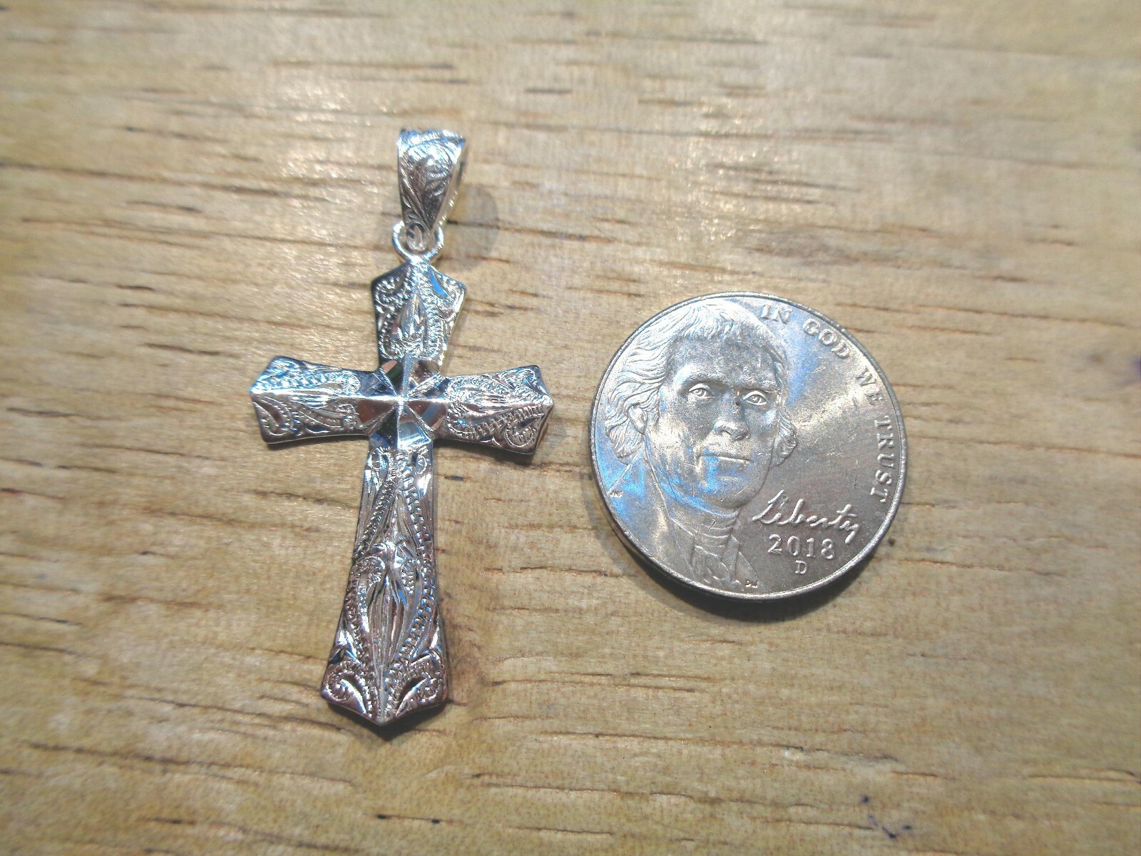 20MM SOLID 925 STER SILVER HAND ENGRAVED HAWAIIAN SCROLLS FUSILLY CROSS PENDANT