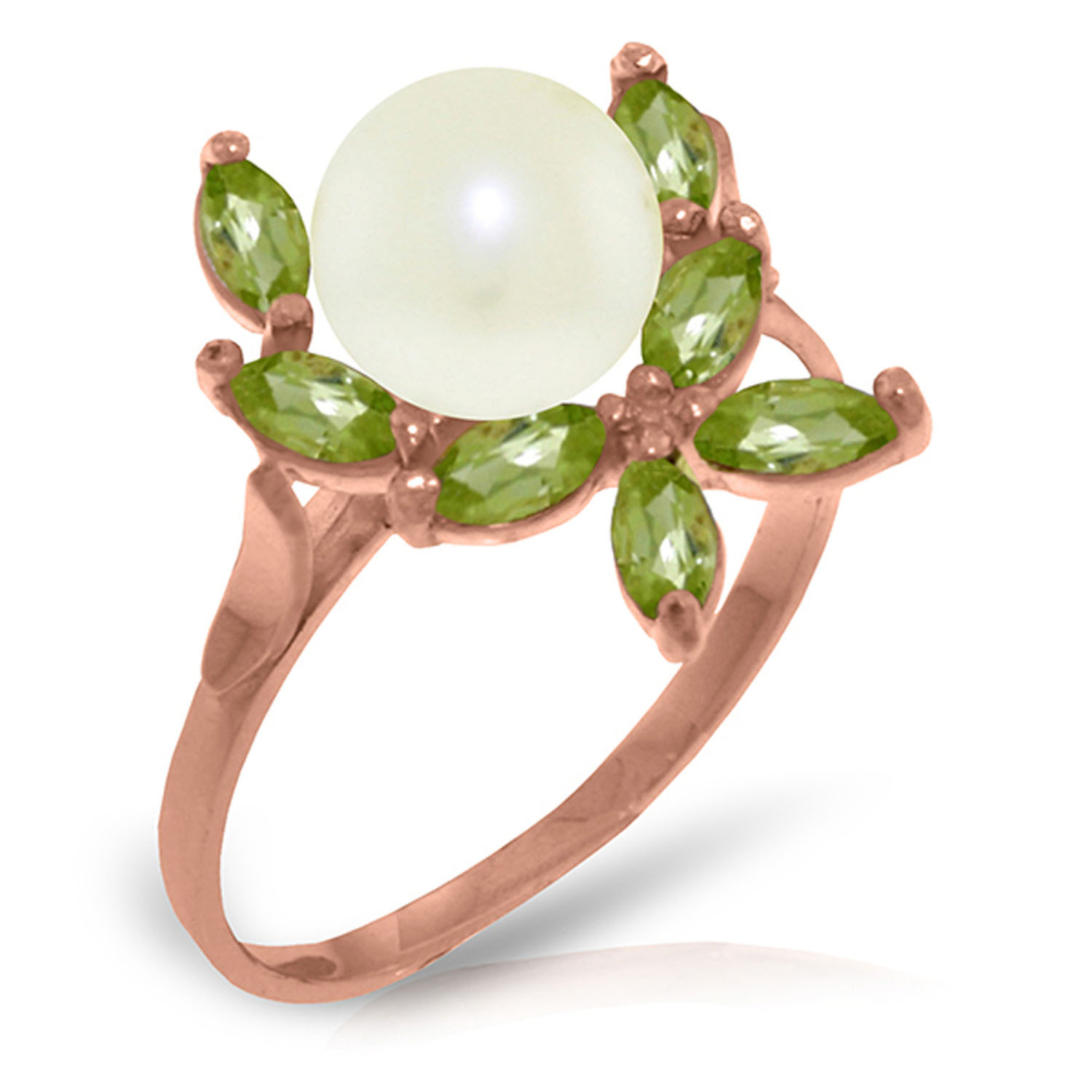 Brand New 14K Solid Rose Gold Ring with Natural Peridots & pearl