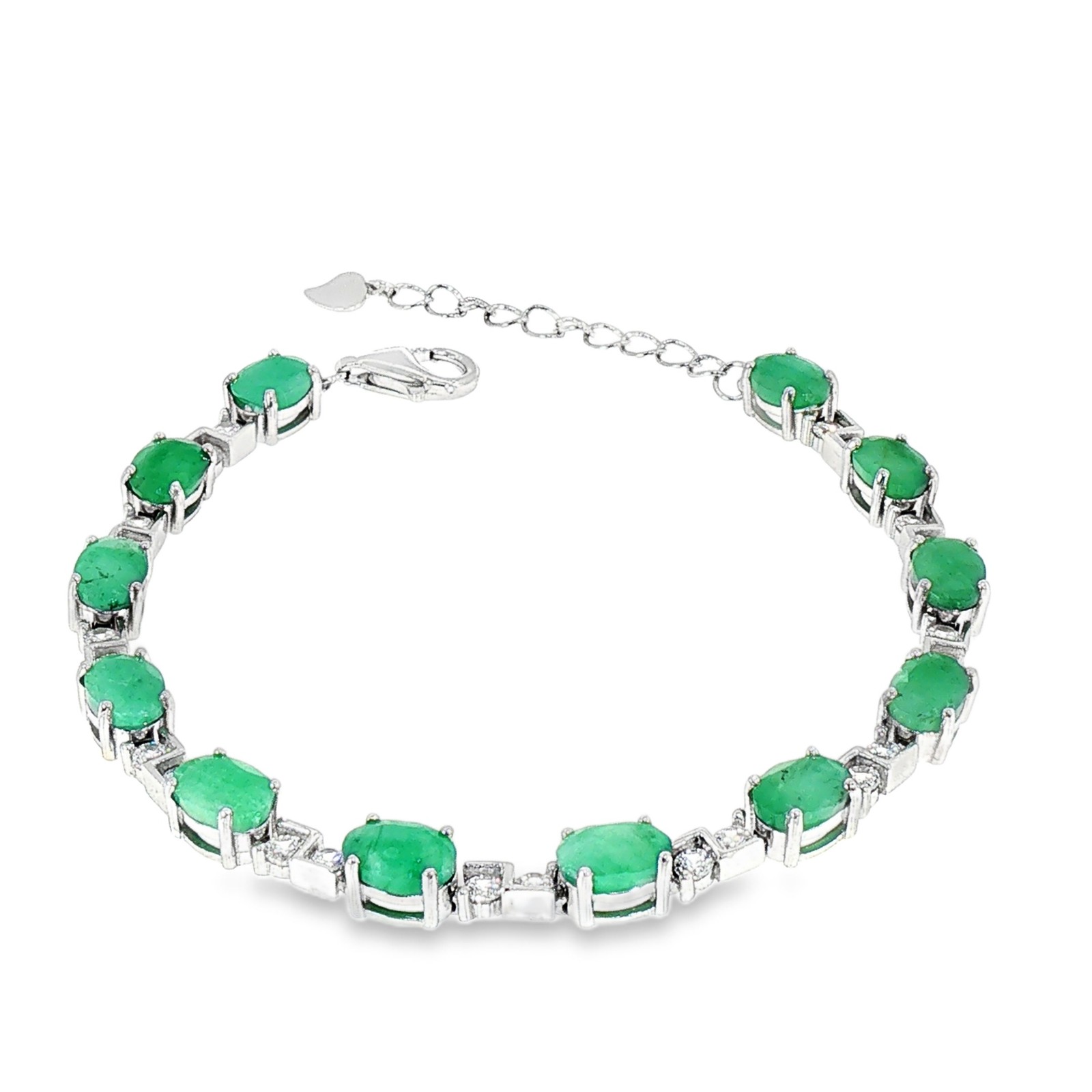 925 Sterling Silver Lab-Created Emerald Bracelet Oval 12 Pieces Top Rich Green