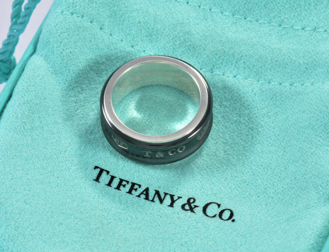 Size 9.5 Tiffany & Co Silver Titanium 1837 8.5mm Wide Band Ring in Pouch Galaxy