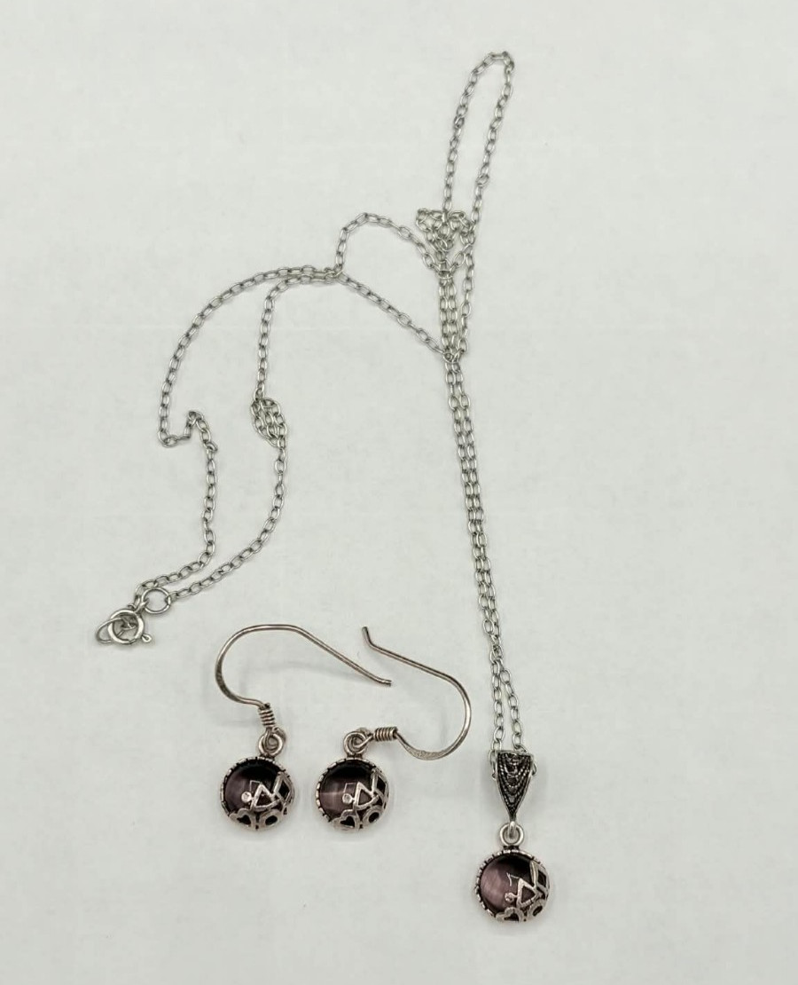 925 Sterling Silver Purple Cats Eye Necklace & Earrings Set