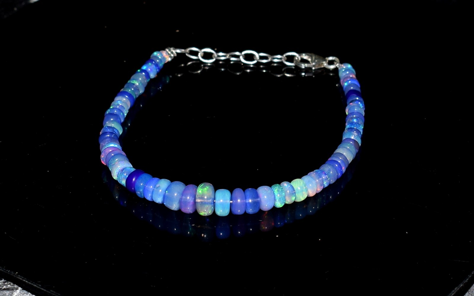 Solid 925 Sterling Silver Natural Ethiopian Opal Fire Opal Beads 7.5″Bracelet
