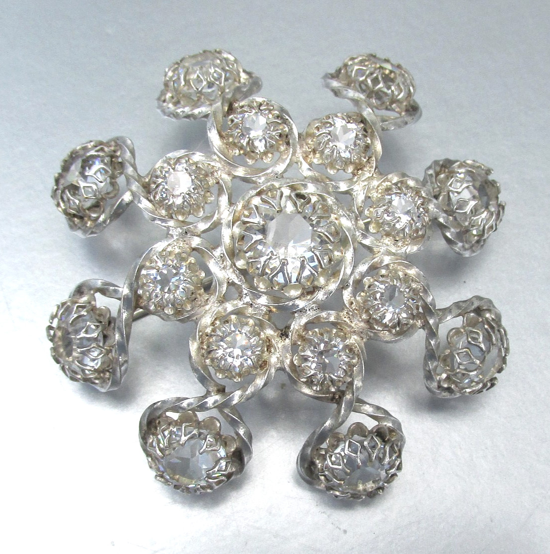 Vintage Austrian 800 Silver Large Crystal Rhinestone Domed Brooch Pin