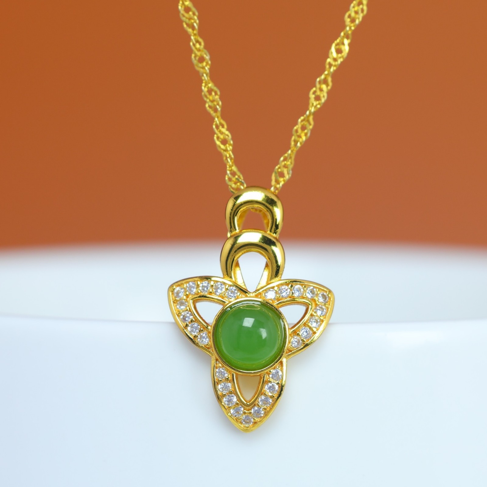 S925 Silver Gold Plated Green Jade Three Petal Pendant Necklace CZ