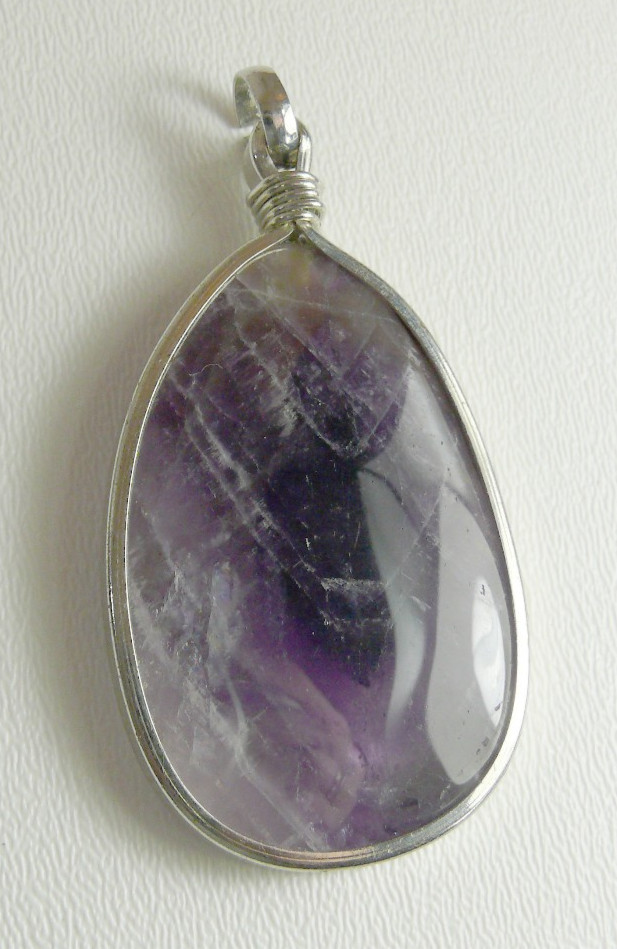 Large Teardrop Amethyst with wire wrap design chevron purple pendant silver 3″