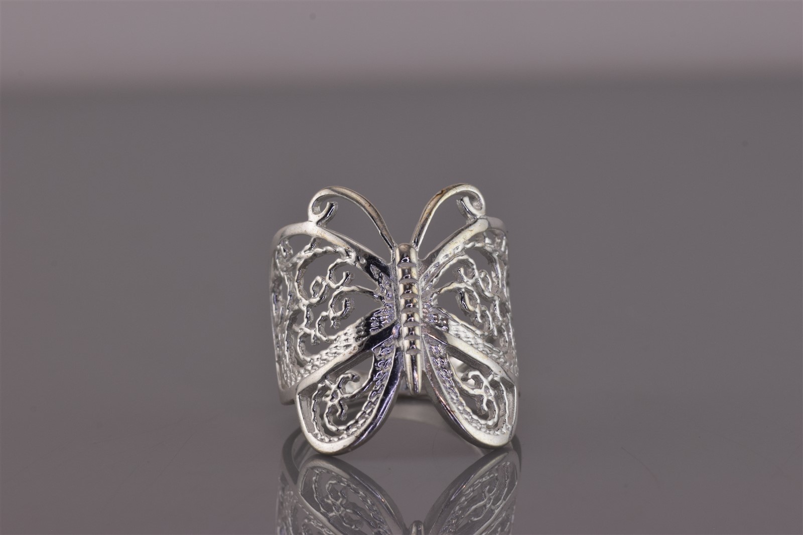 Sterling Silver 22mm Dimensional Butterfly Scrolled Wings Band Ring 925 Sz: 7