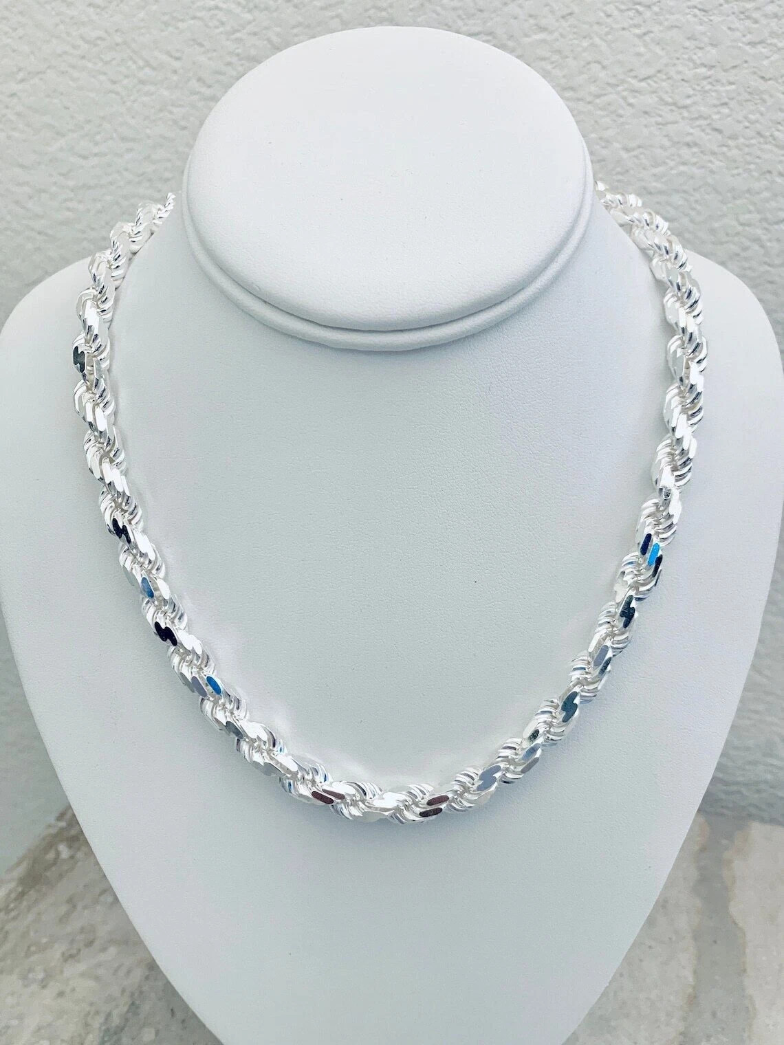Solid 925 Sterling Silver Italian Rope Chain Mens Necklace Diamond Cut 7mm