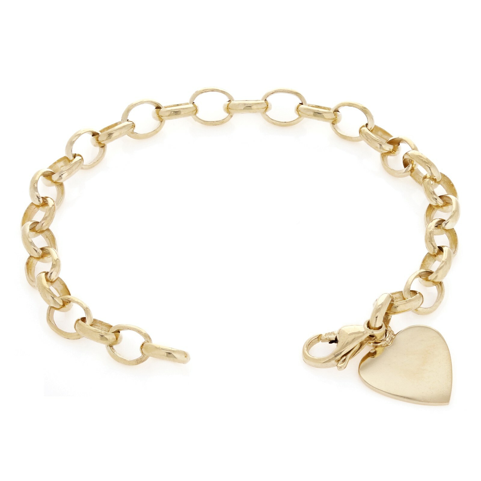 14k Yellow Gold Solid Rolo Chain Engravable Heart Charm Bracelet 7″ 15 grams