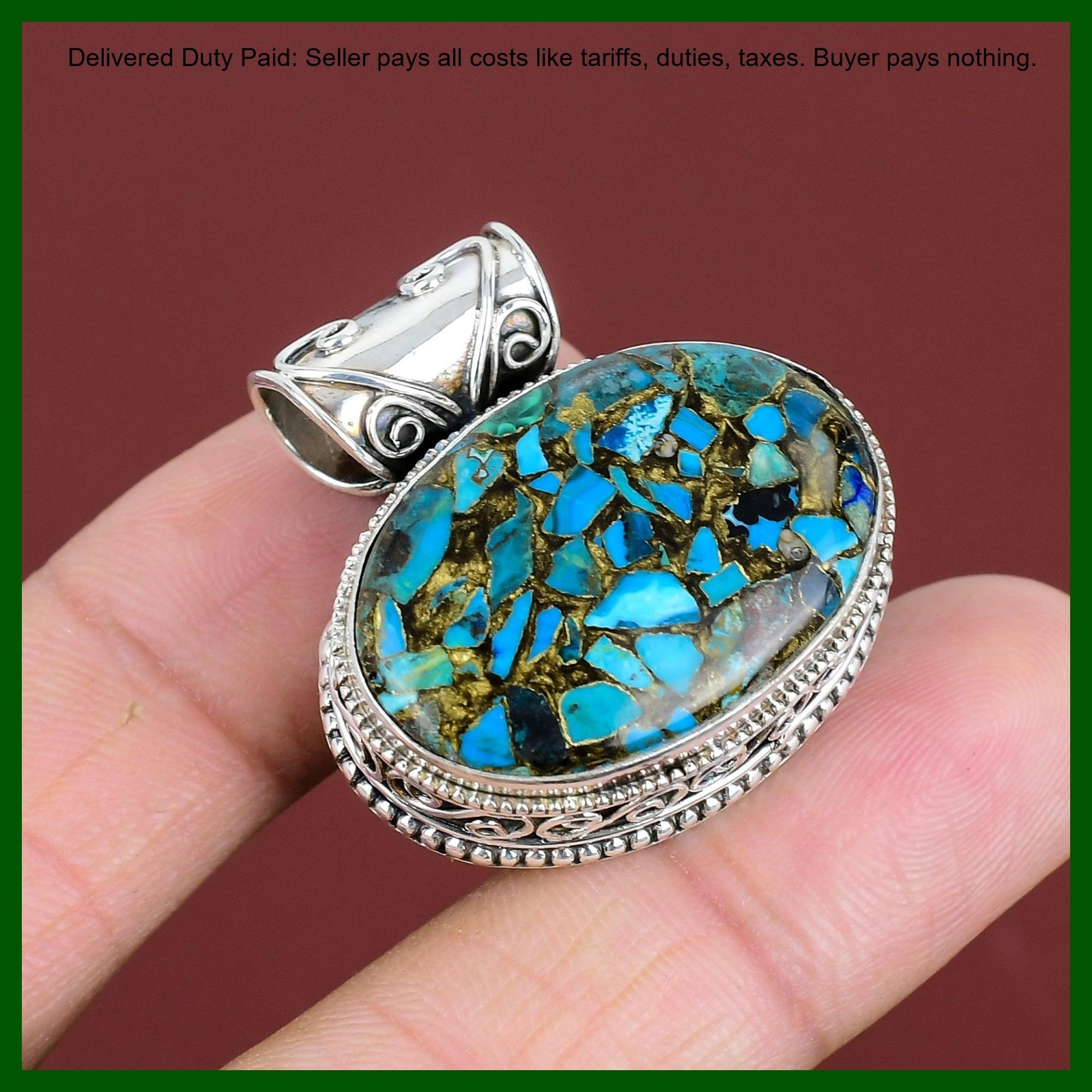 Sterling Silver Copper Chrysocolla Gemstone New Vintage Daughter Pendant Jewelry